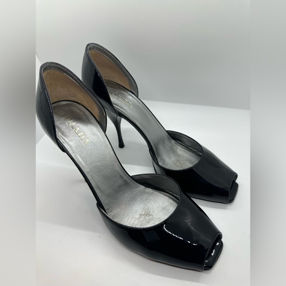 PRADA Calzature Black Patent Leather Peep Toe Pumps Sz 40 - Picture 4 of 9